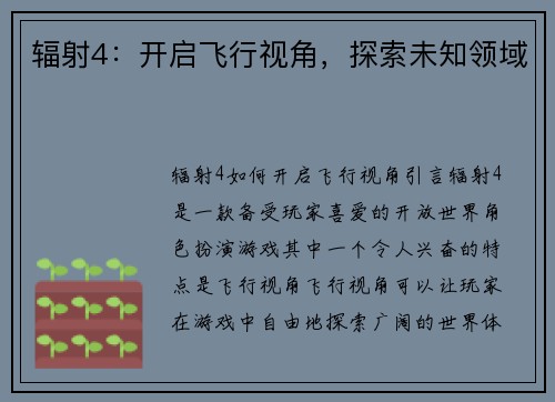 辐射4：开启飞行视角，探索未知领域